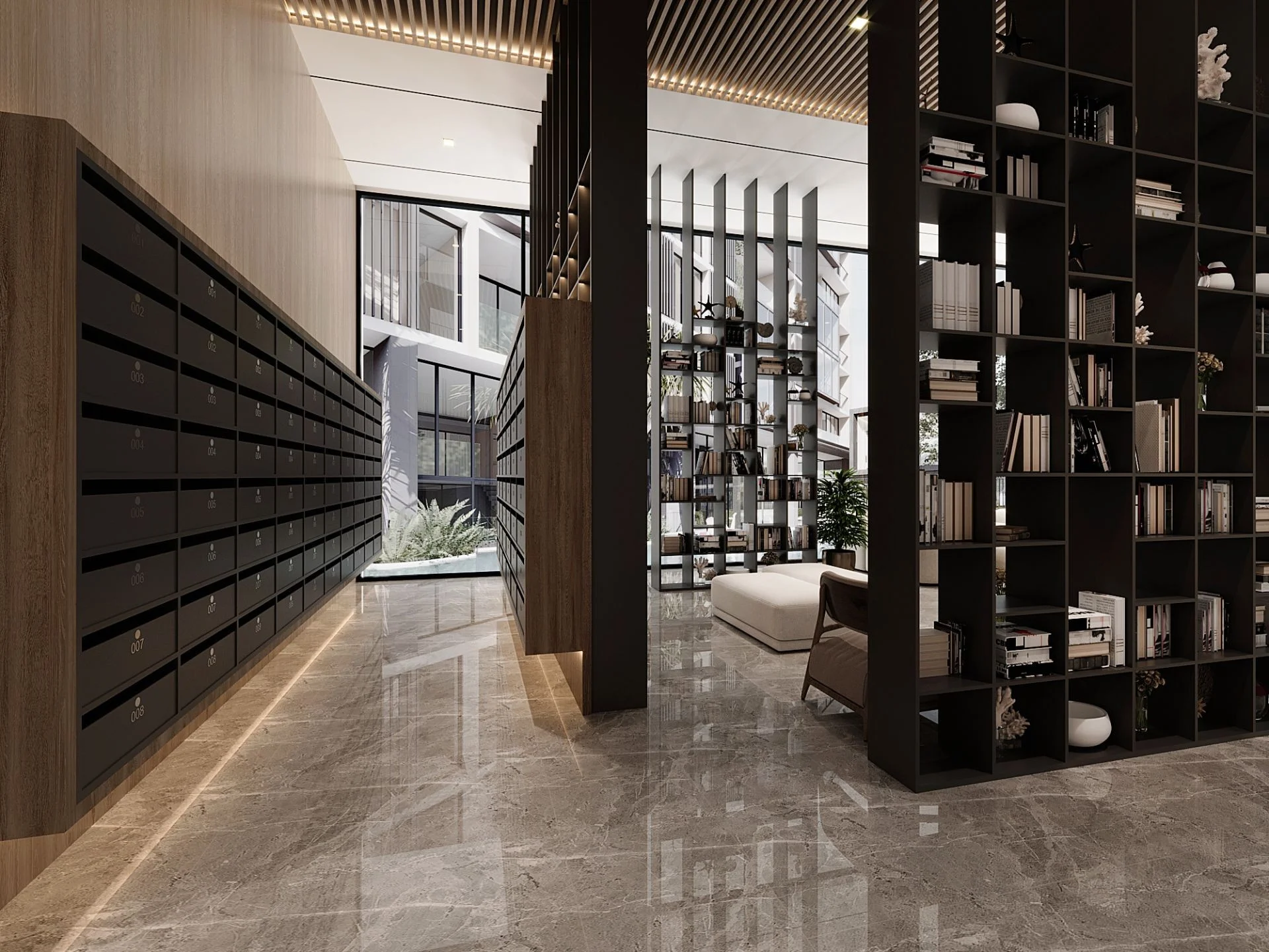 Common area with mailboxes and library shelving at The Balance Kata, Thailand
