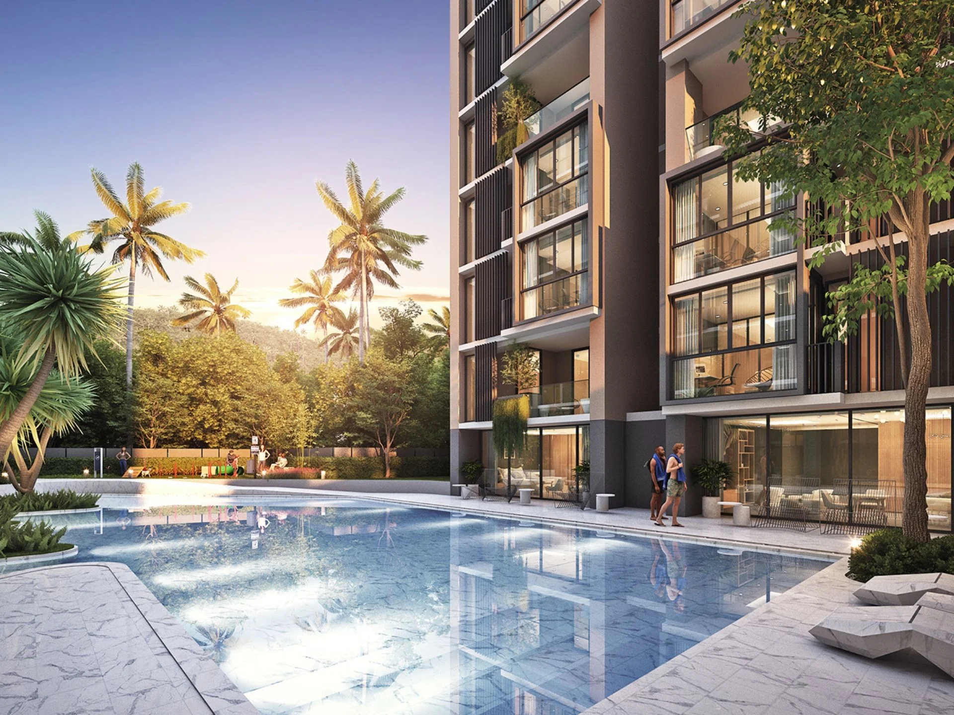 Swimming pool and courtyard at The Balance Kata apartment complex, Thailand