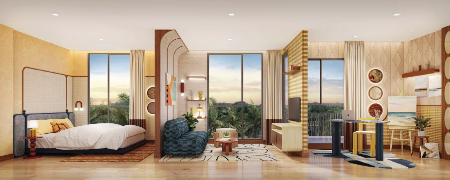 Studio apartment interior with bedroom, living area and kitchenette at The Base Rise, Phuke