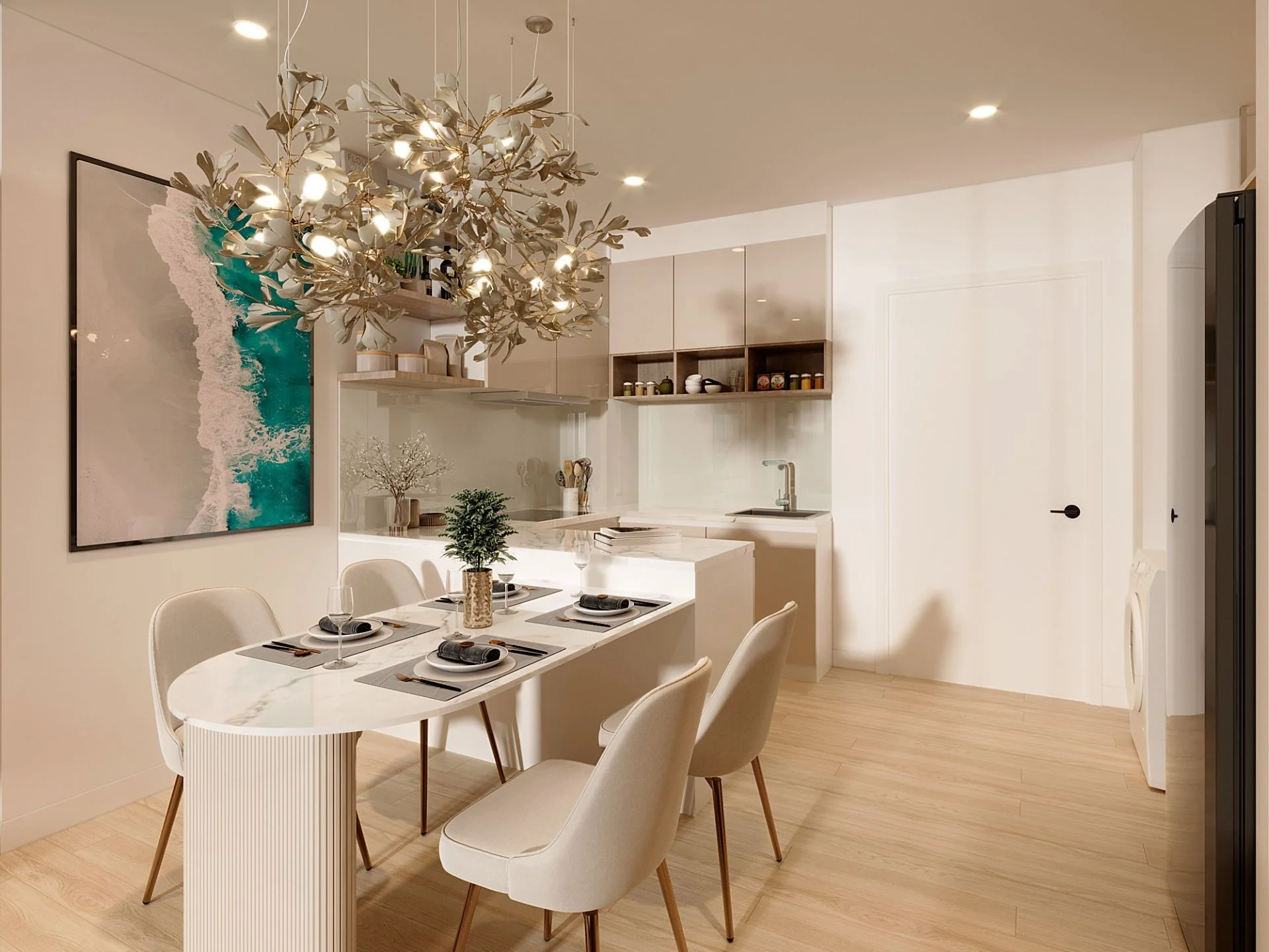Cucina a pianta aperta e zona pranzo in appartamento 2 camere a The Balance Kata, Tailandia