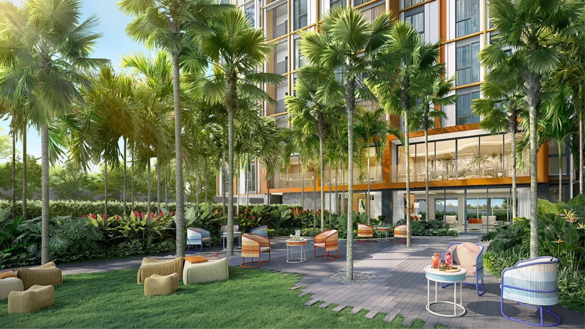 Landscaped courtyard with seating areas at The Base Rise, Phuke