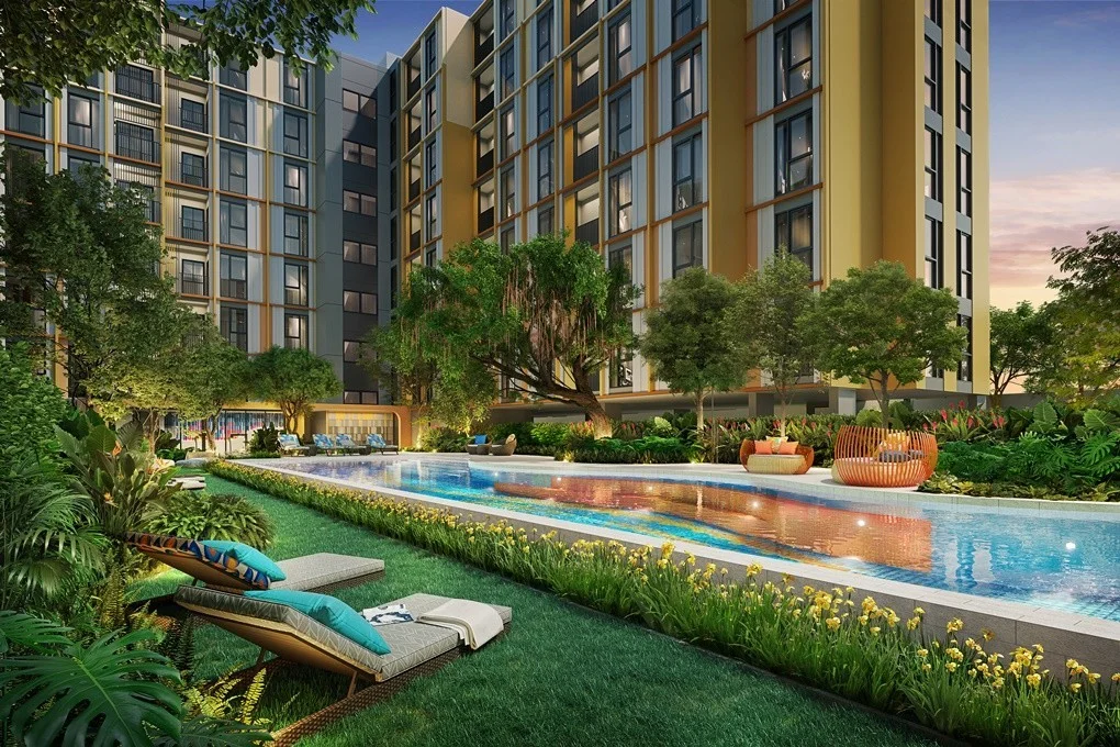 Swimming pool and landscaped courtyard at The Base Rise, Phuke