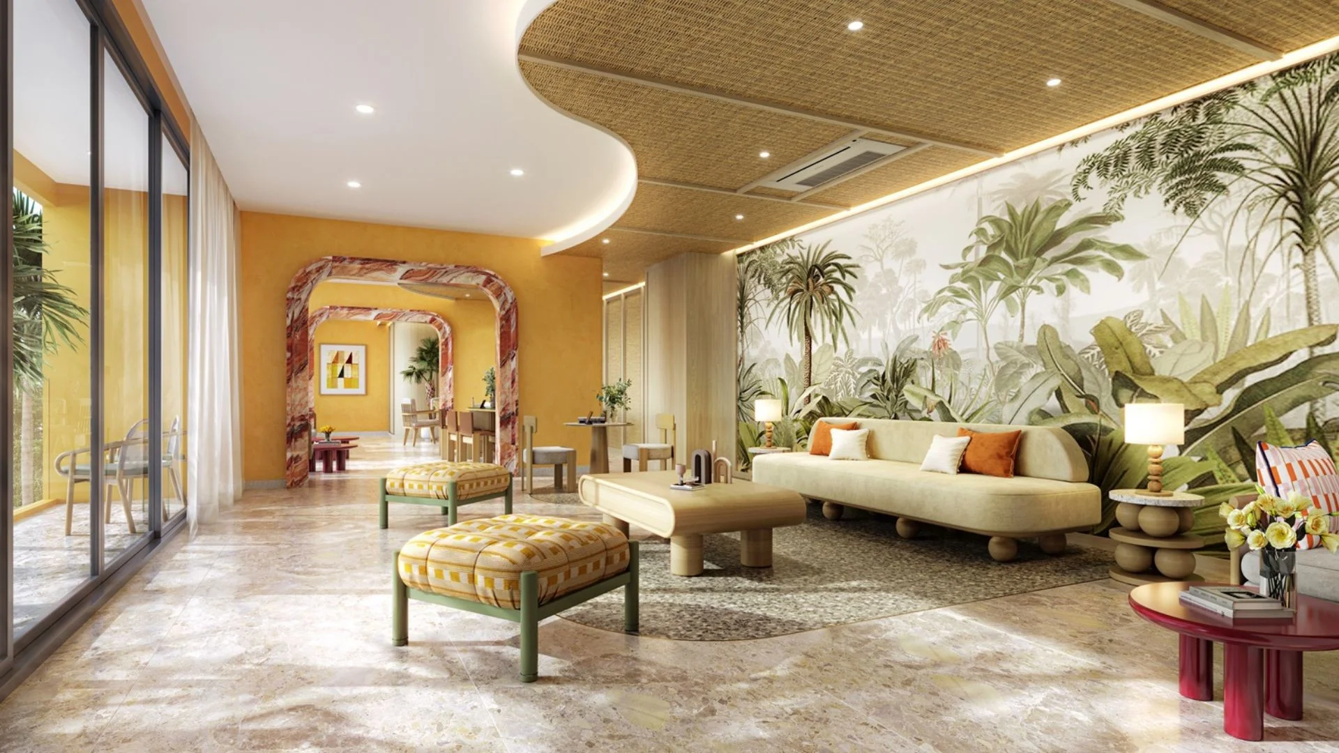 Spacious living room interior with tropical botanical wallpaper at The Base Rise, Thailand