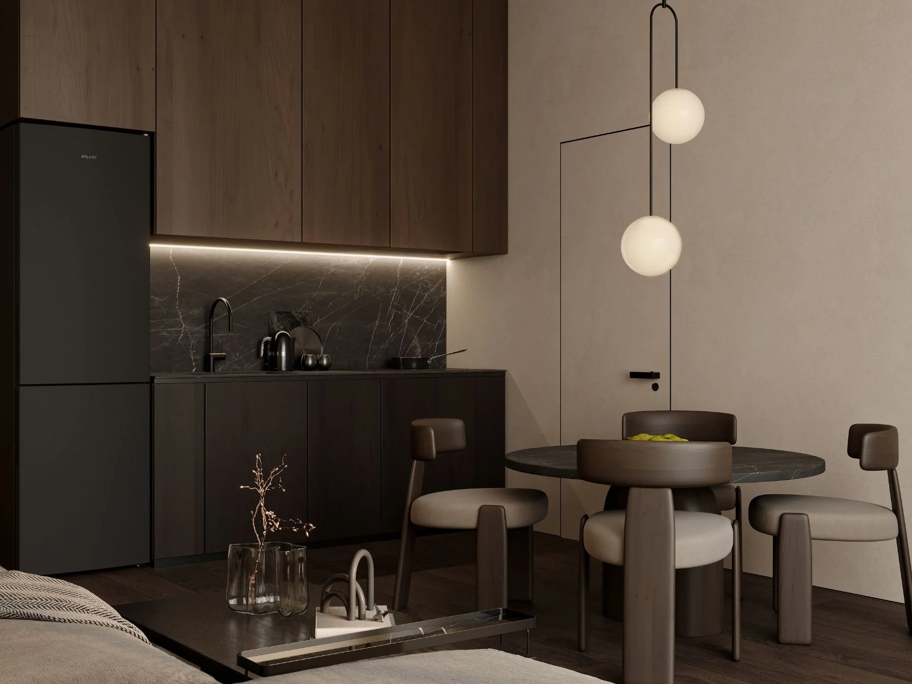Kitchen and dining area interior in a 2-bedroom apartment at Sunny Moon, Nai Ha