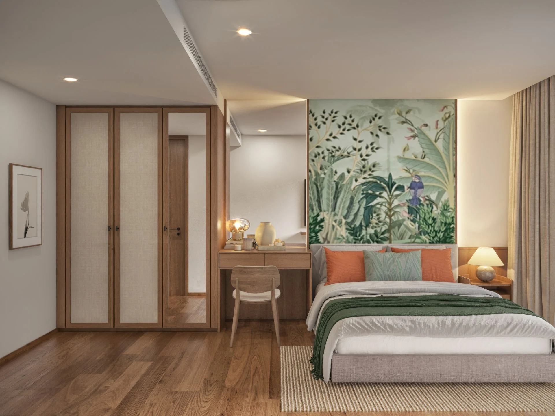 Interior de dormitorio con armario de madera y espacio de trabajo en apartamento de 2 dormitorios en Vip Tropika, Bang Tao