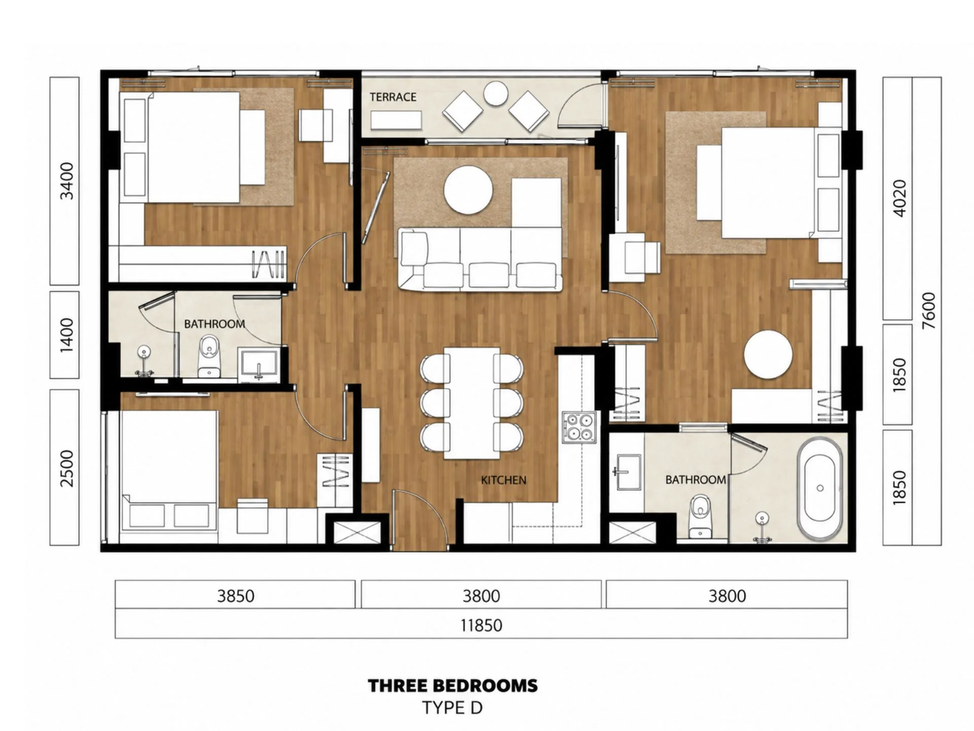 3 bed 90 sqm unit plan