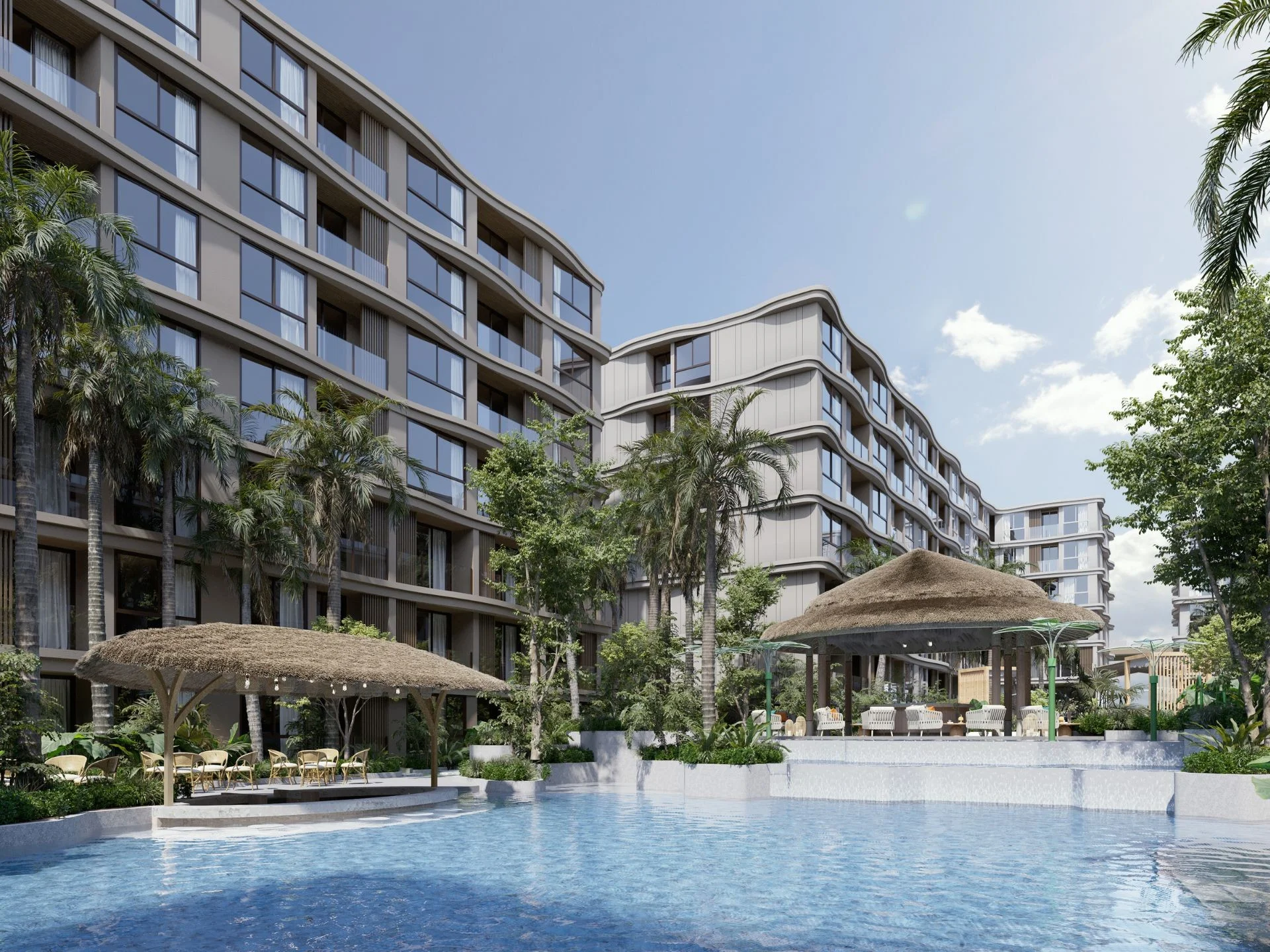 Piscina y área de recreación en apartamentos Vip Tropika, Bang Tao