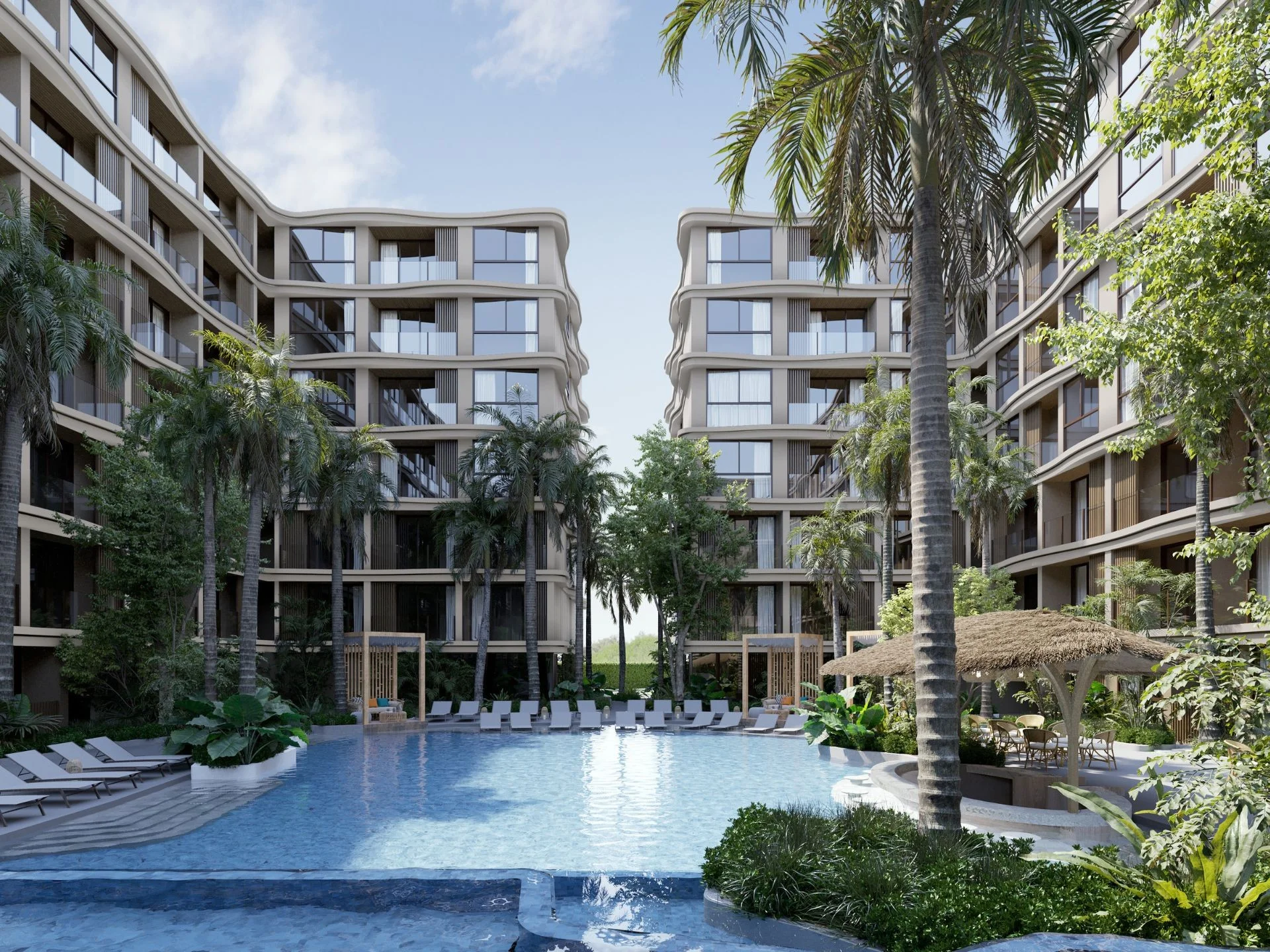 Piscina y patio en apartamentos Vip Tropika, Bang Tao