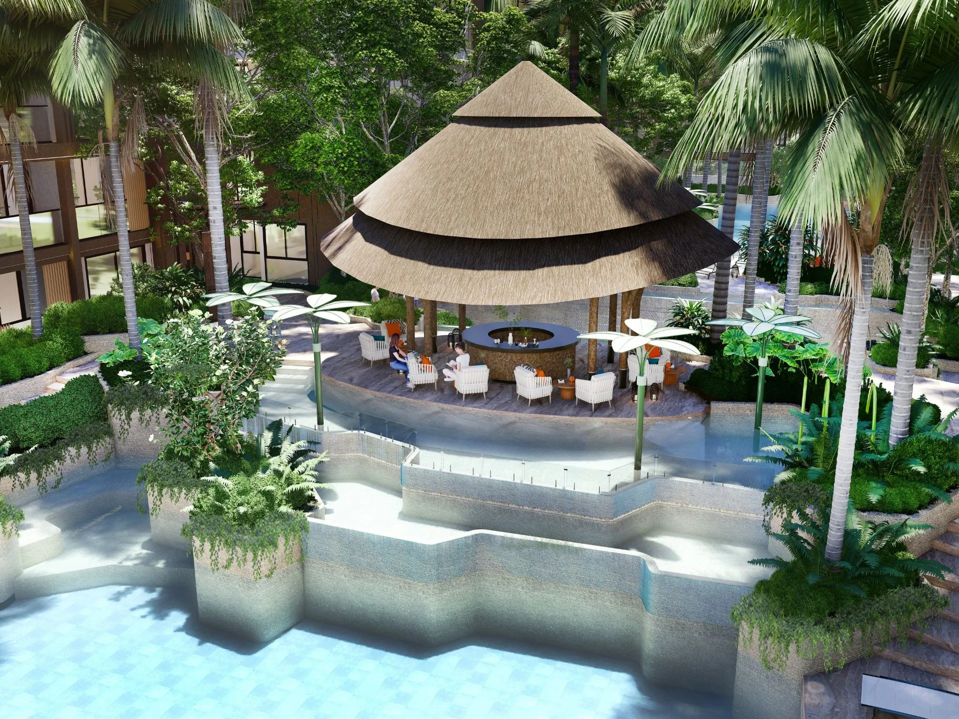 Patio ajardinado con gazebo de techo de paja y fogata en Vip Tropika, Bang Tao