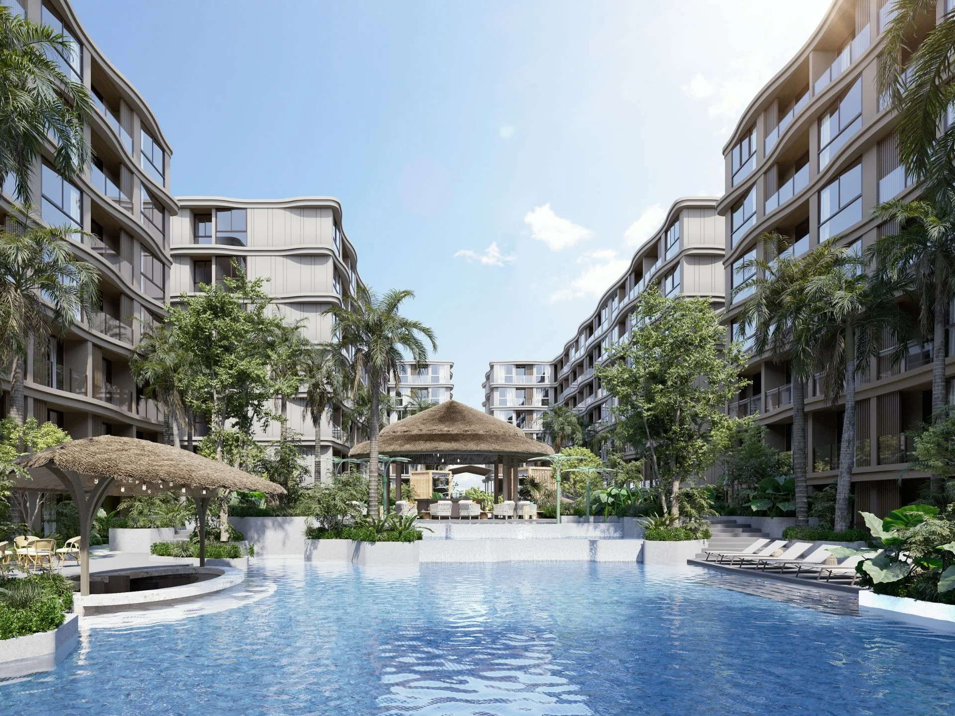 Piscina central con paisajismo tropical en Vip Tropika, Bang Tao