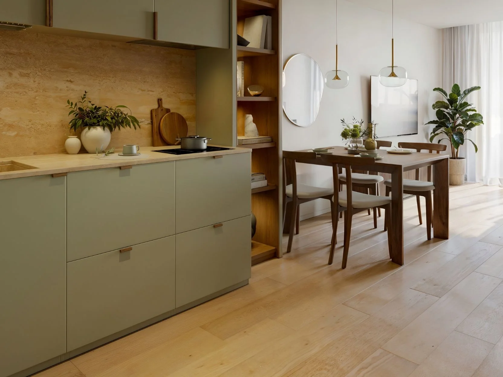 Kitchen and dining area interior in a studio apartment at The Momentum Phuket, Laya