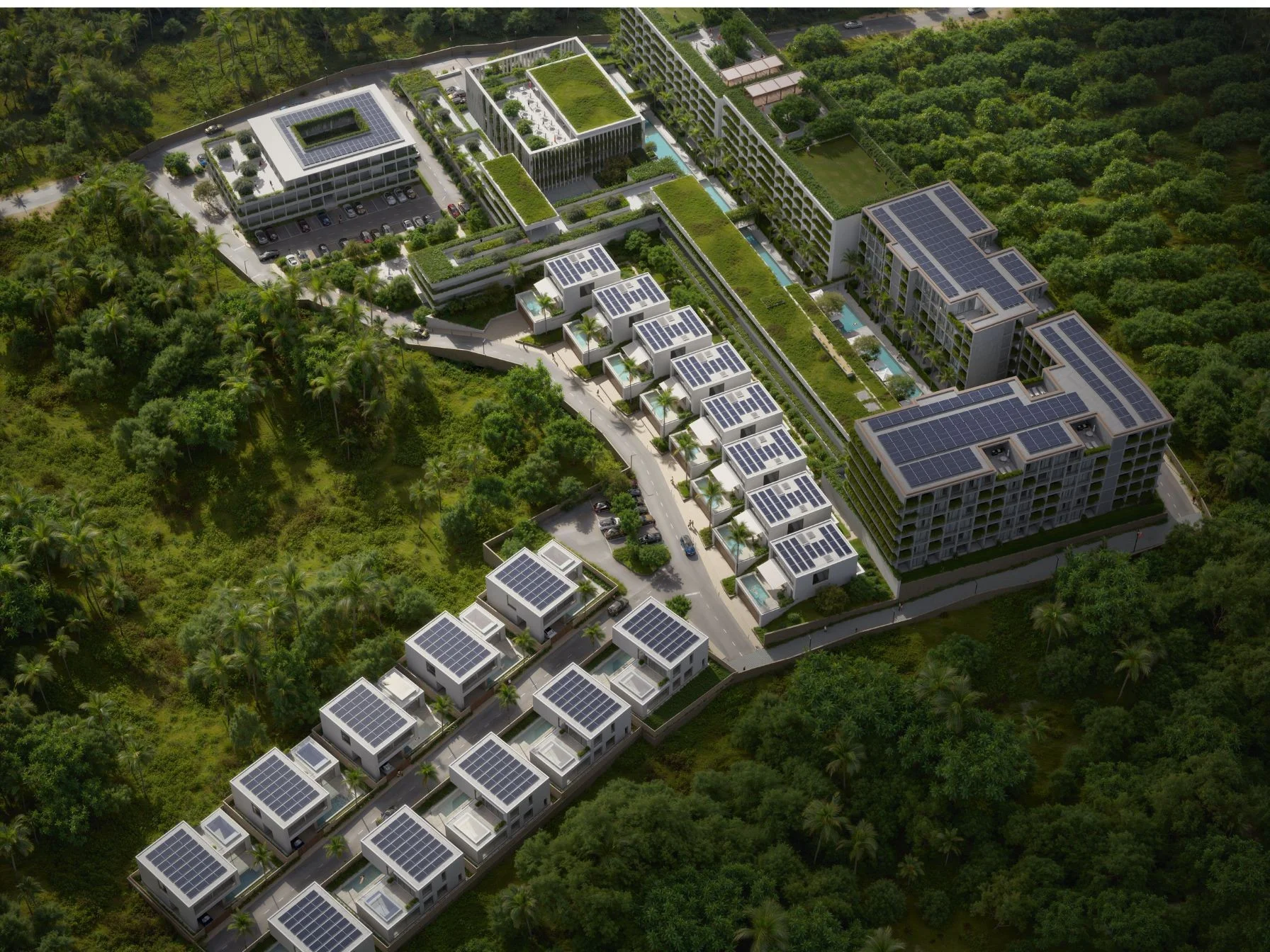 Aerial view of The Momentum Phuket residential complex with villas and apartments, Thailand