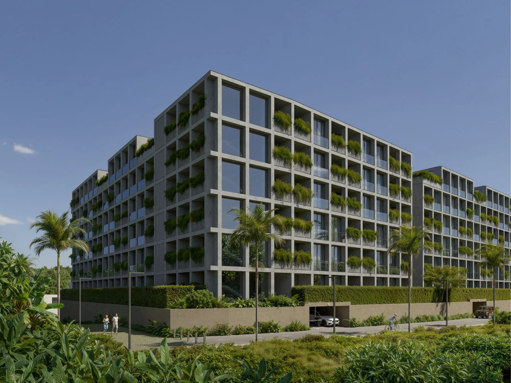 Modern residential complex architecture with vertical greenery at The Momentum Phuket, Laya
