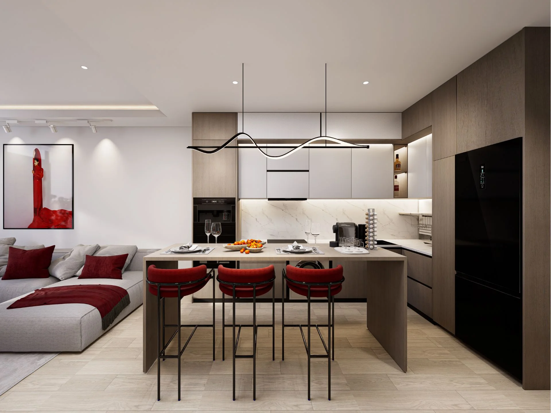 Open-plan kitchen-living room with island