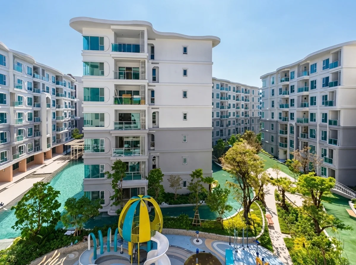 Modern residential complex with curved architecture, swimming pool and children's playground, Nai Yang