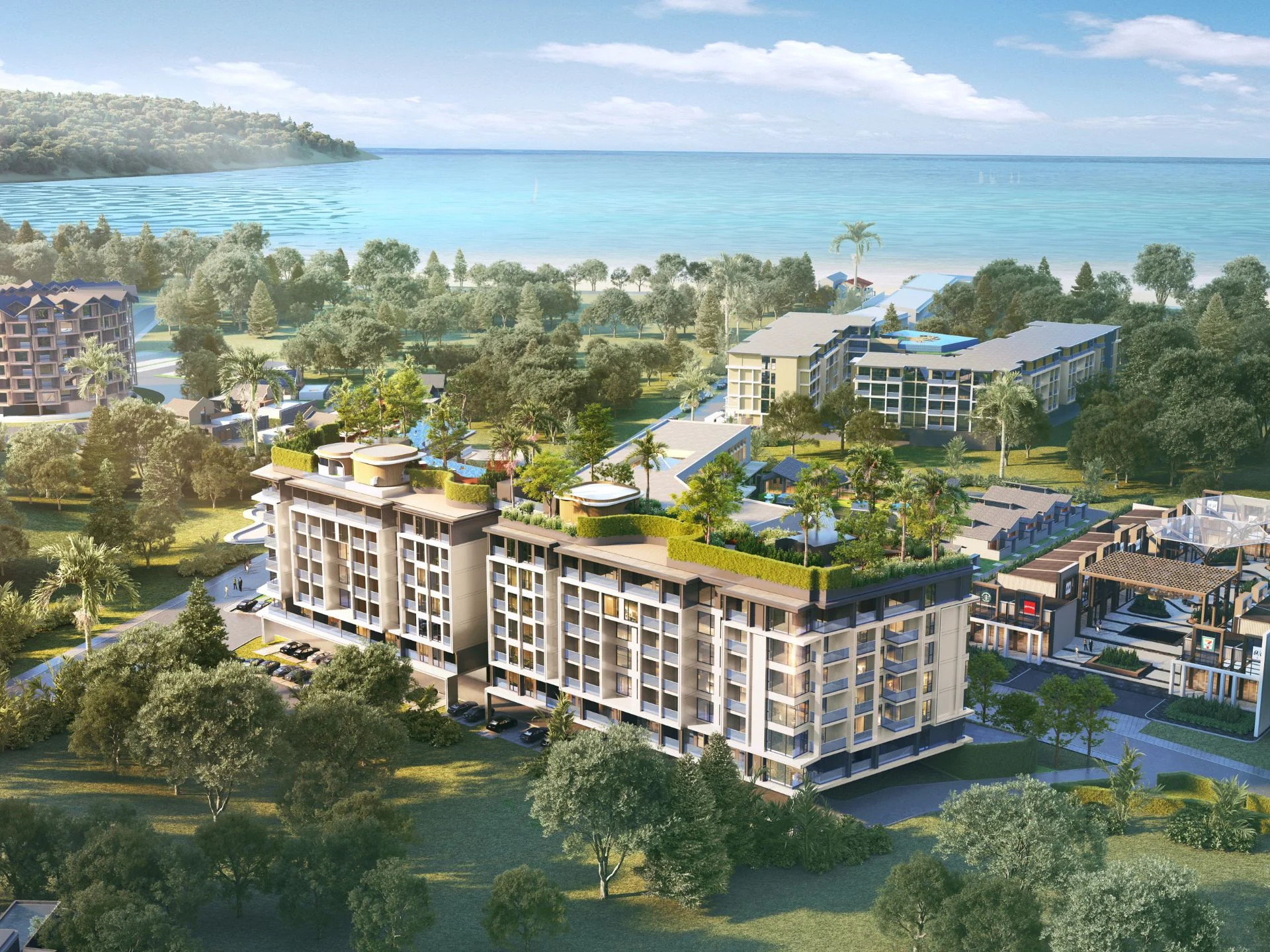 Aerial view of Sea Heaven resort complex with beachfront location, Nai Tho