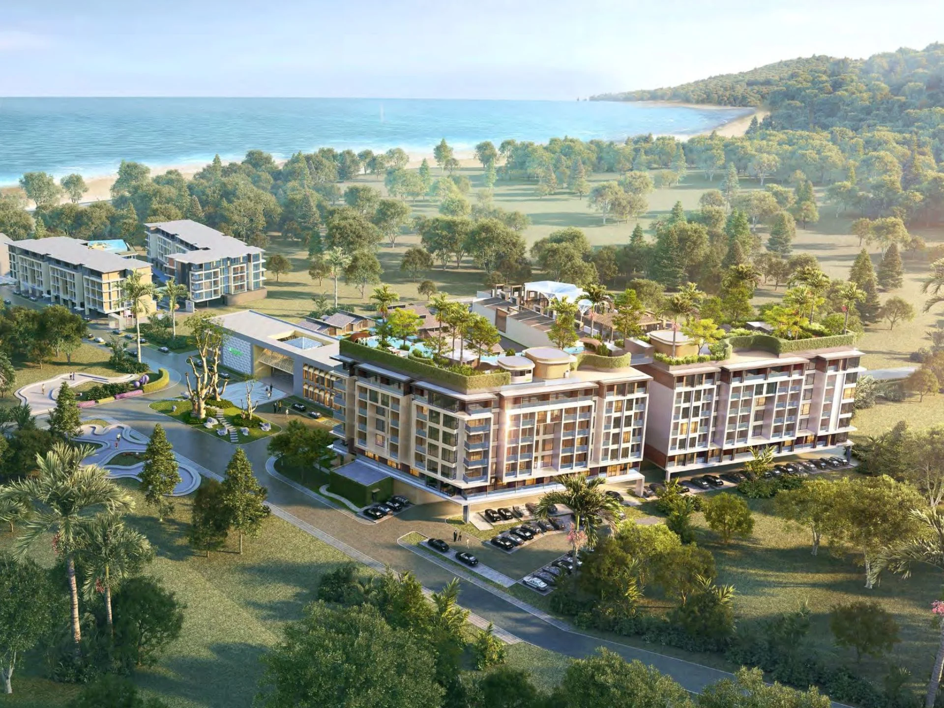 Aerial view of Sea Heaven residential complex with beachfront and landscaped grounds, Nai To