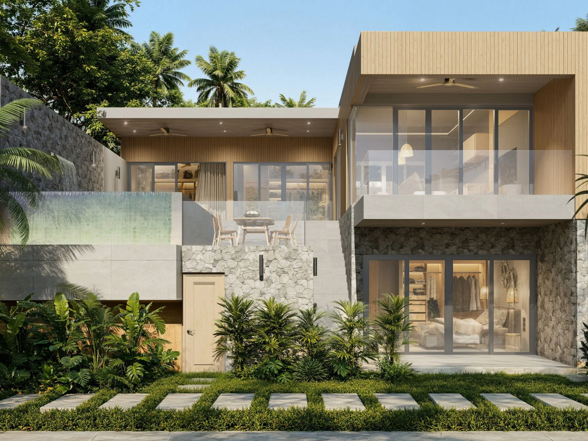 Modern villa architecture with wooden and stone facade at Tiva Residence, Lamai