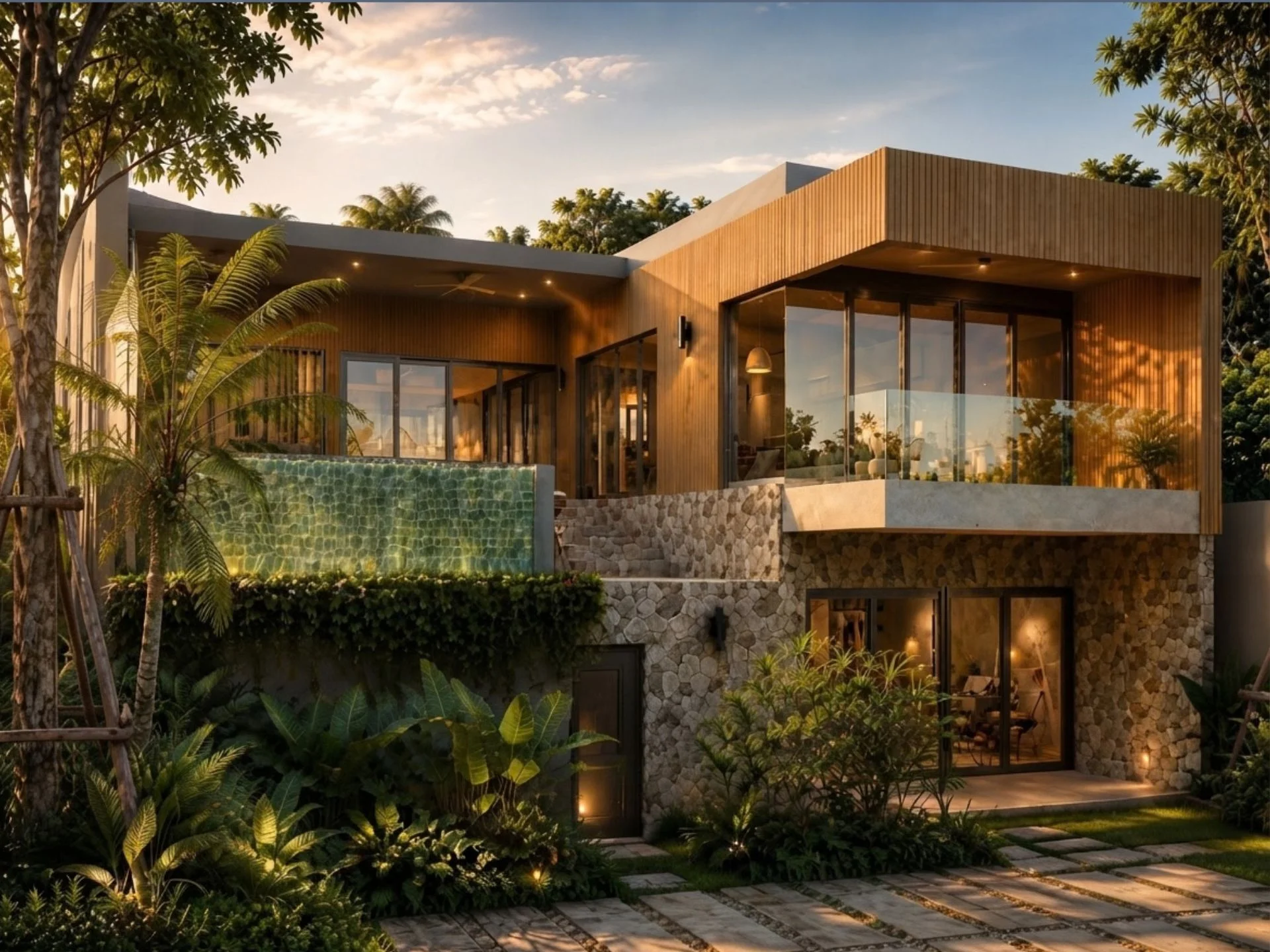 Modern villa architecture with wooden and stone facade at Tiva Residence, Lamai (1)