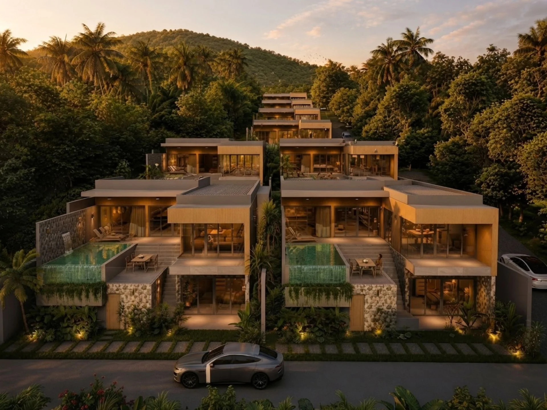 Architecture of Tiva Residence villas with mountain backdrop, Lamai