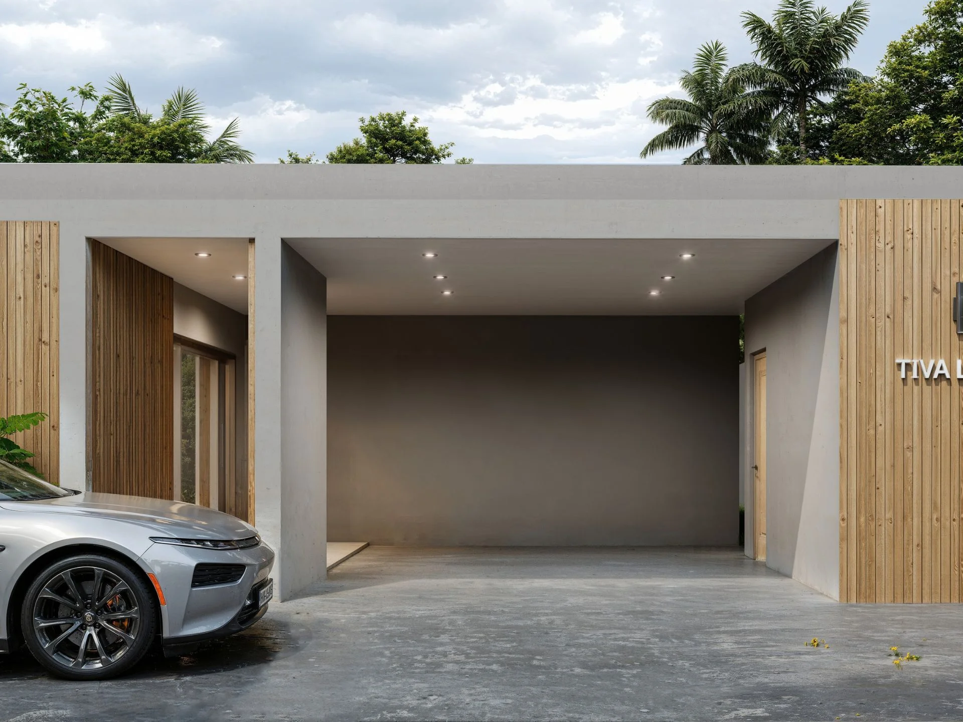 Modern architecture of Tiva Residence with wooden facade and carport, Thailand