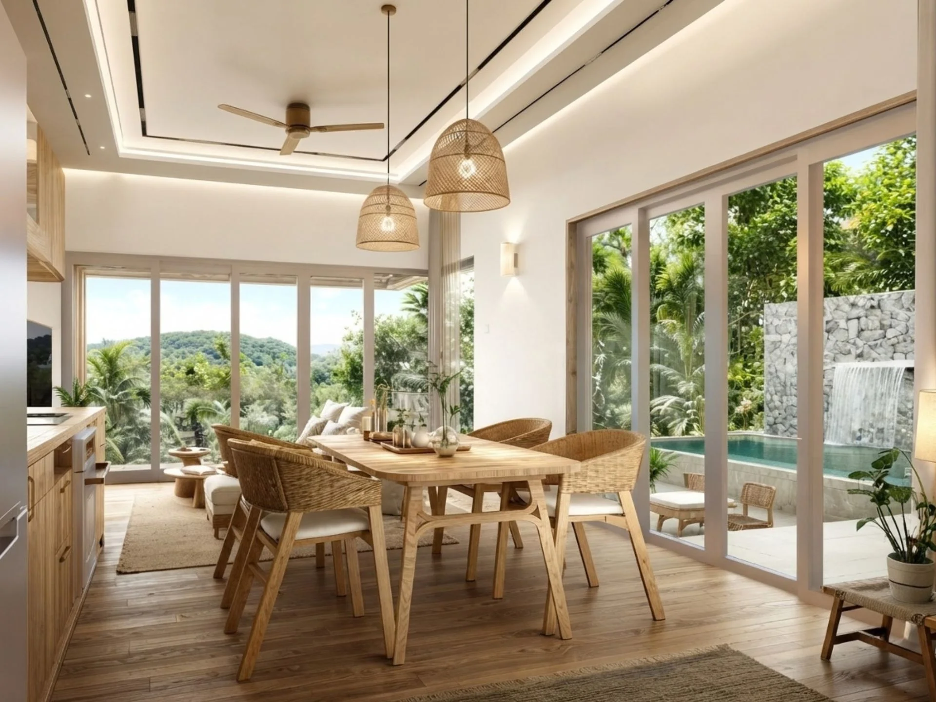 Open-plan dining and living area with mountain view in 3-bedroom villa at Tiva Residence, Lamai