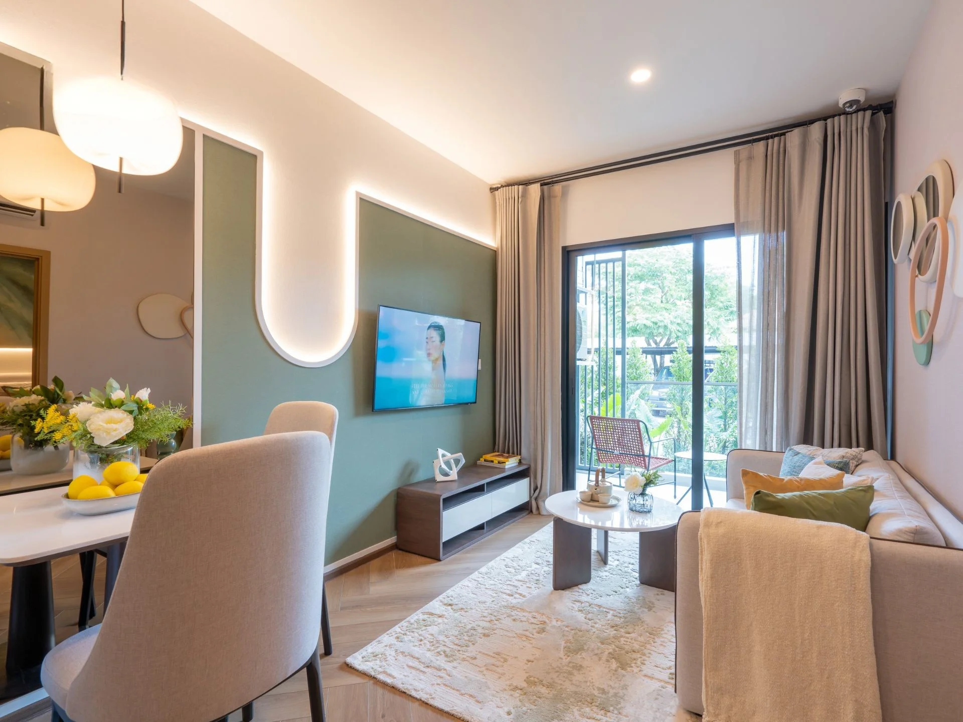 Living room interior in 1-bedroom apartment at The Title Modeva, Bang Tao