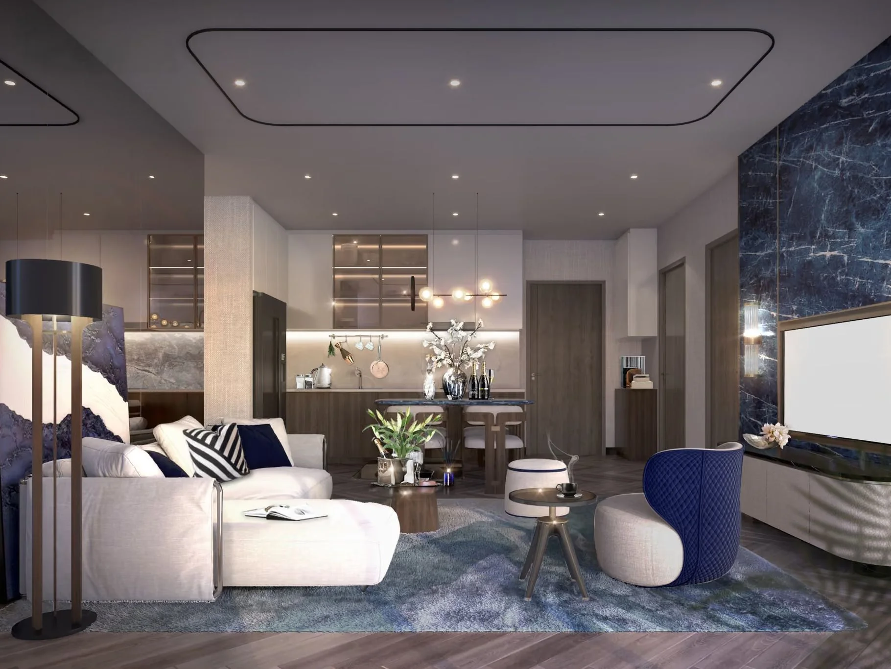 Living room and kitchen interior in a 3-bedroom apartment at The Title Modeva, Bang Tao
