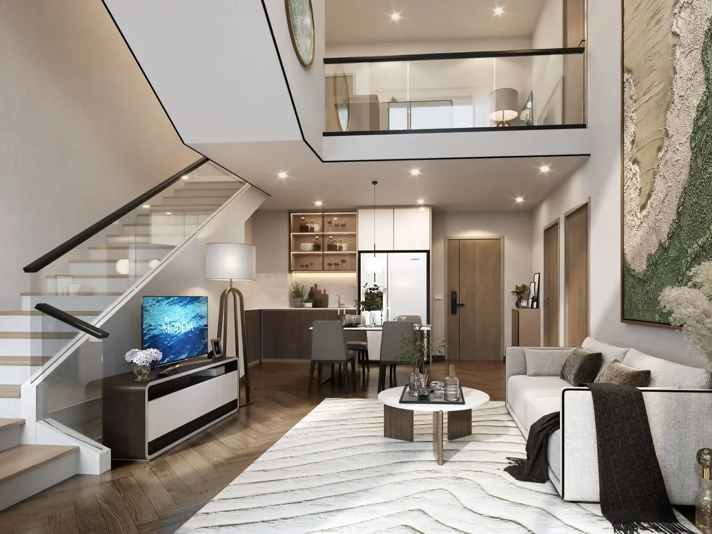 Living room and kitchen interior in a 3-bedroom apartment at The Title Modeva, Bang Tao (1)