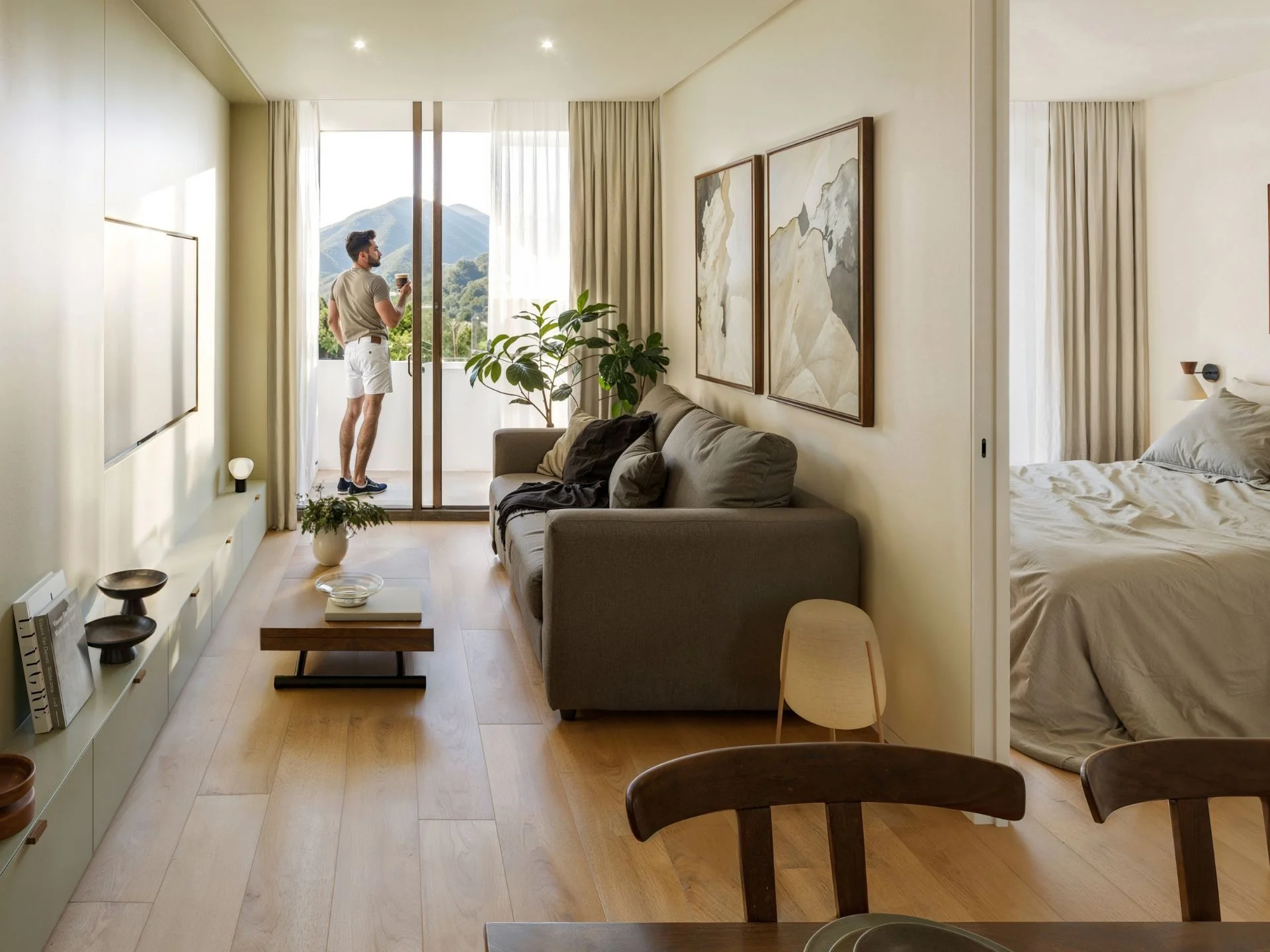 Open-plan living and bedroom interior with mountain view in 1-bedroom apartment at The Momentum Phuket, Laya