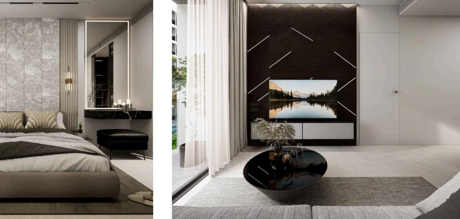 Interno camera da letto con bagno privato in appartamento 2 camere a SunHills Layan, Phuket