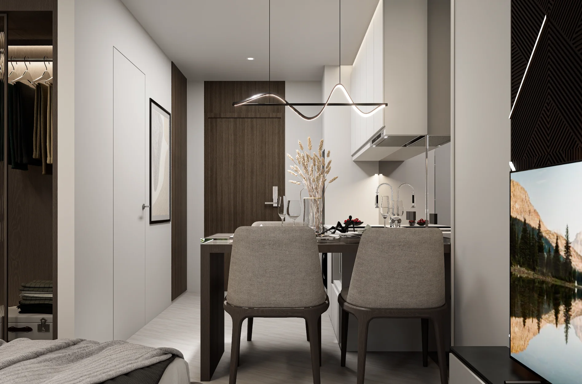Camera da letto principale con zona spogliatoio integrata e vanity in studio di 30 mq a SunHills Layan