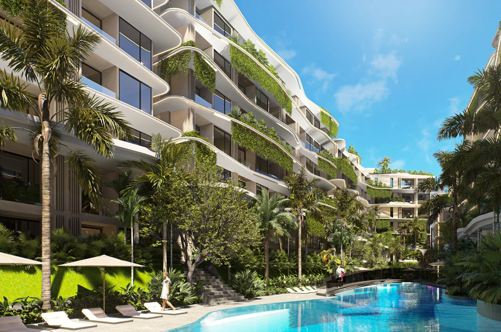Swimming pool and landscaped courtyard at SunHills Layan apartments, Laya