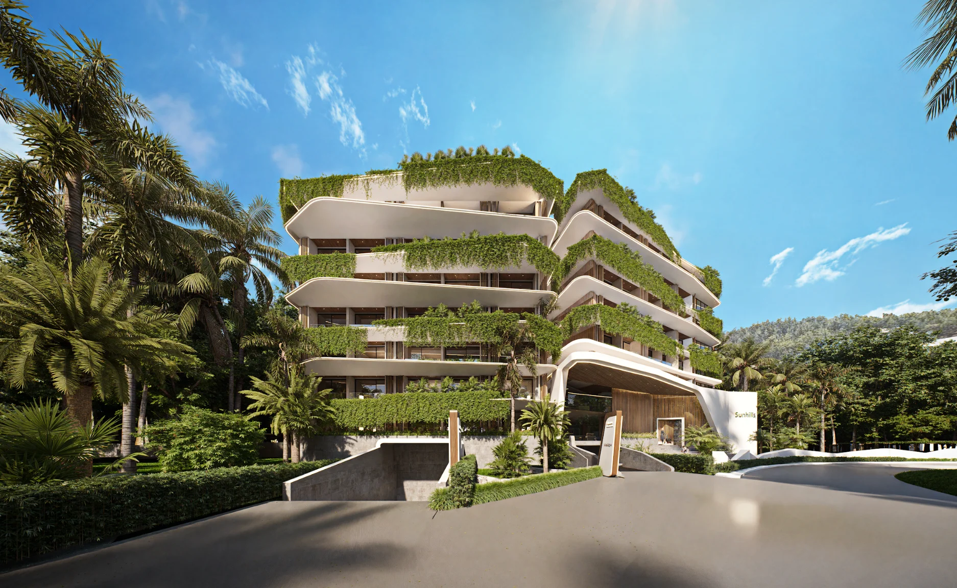 Architecture of SunHills Layan residence with vertical gardens, Laya
