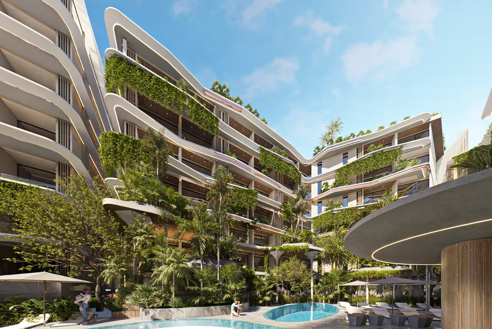 Swimming pool and landscaped courtyard at SunHills Layan apartments, Phuke
