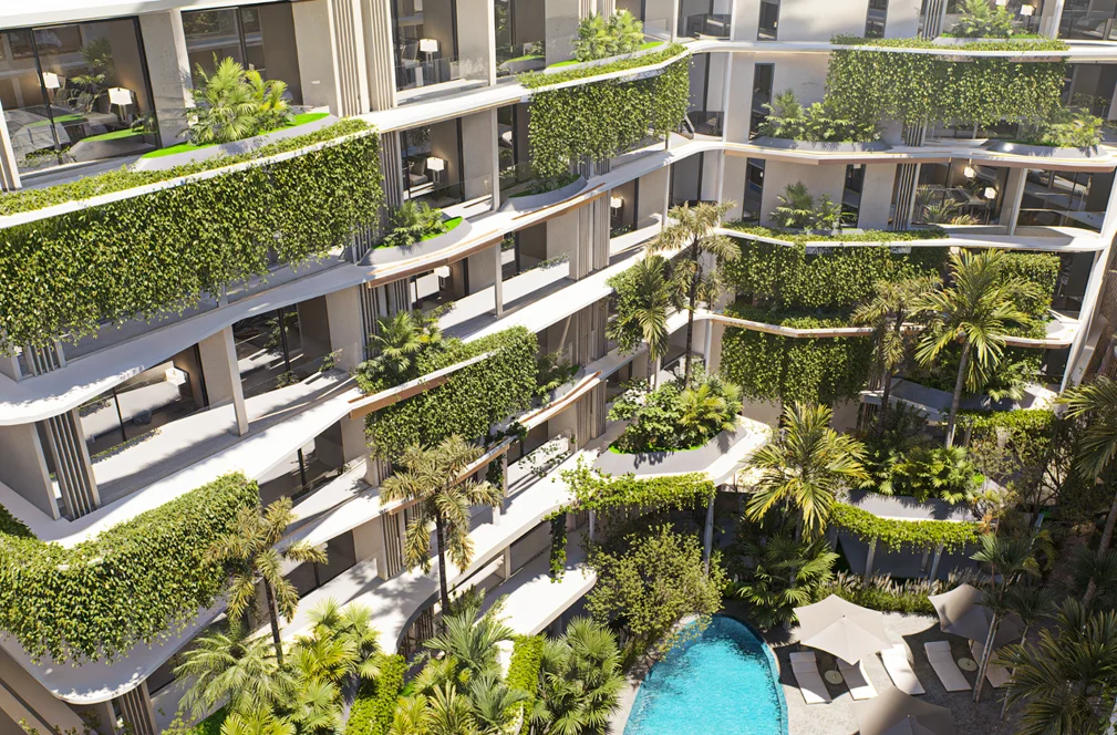 Architettura di SunHills Layan con terrazze verdi e piscina centrale, Laya