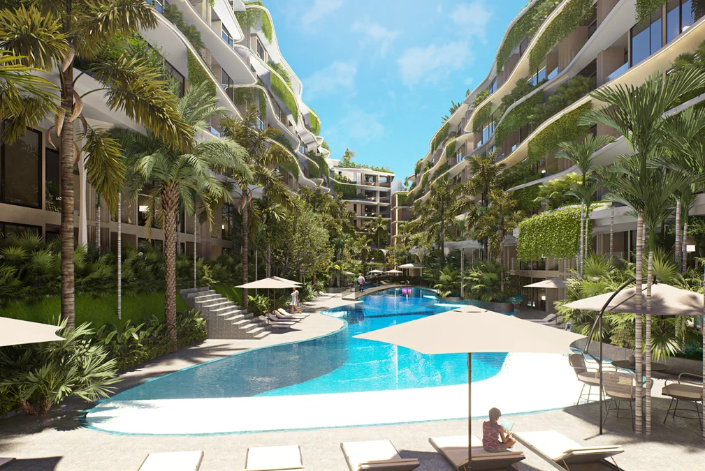 Swimming pool and landscaped courtyard at SunHills Layan, Laya