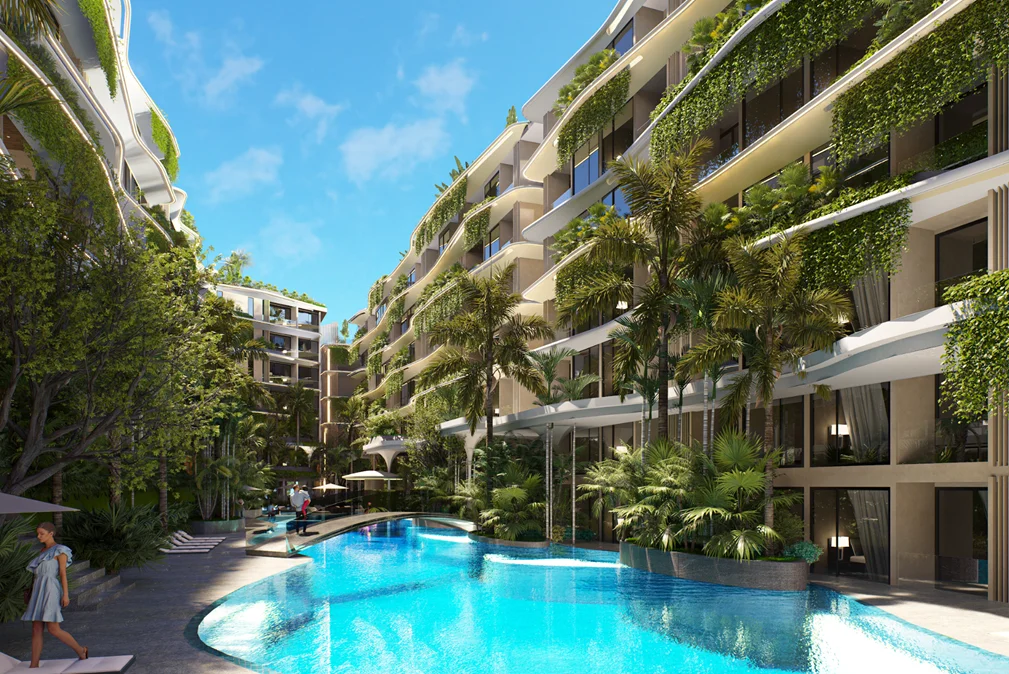 Swimming pool and landscaped courtyard at SunHills Layan, Phuke