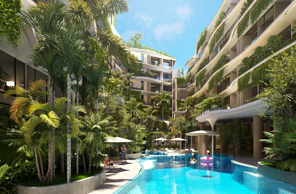 Swimming pool and landscaped courtyard at SunHills Layan apartments, Phuke (1)