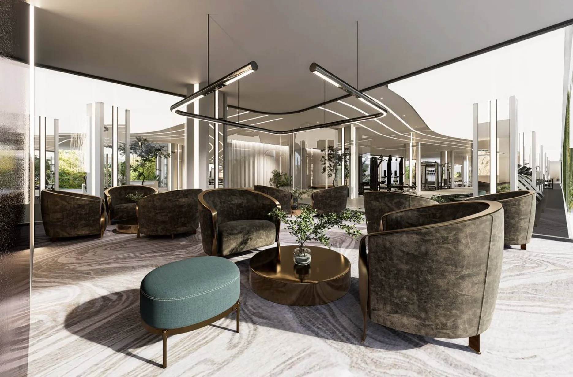Luxury lounge area with velvet seating at SunHills Layan, Thailand