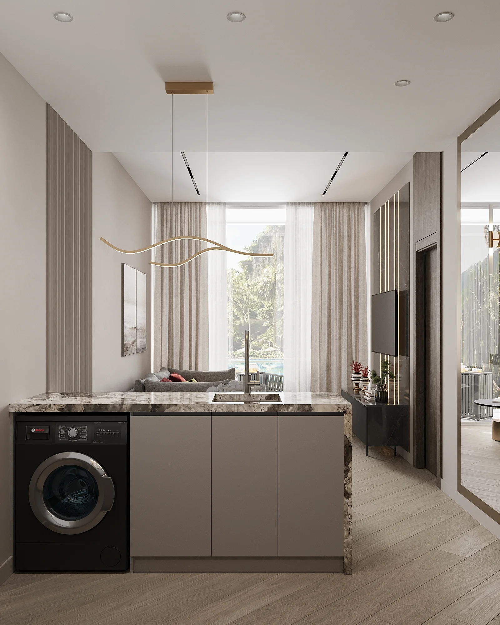 Open-plan kitchen and living area interior in 1-bedroom apartment at SunHills Layan, Thailand