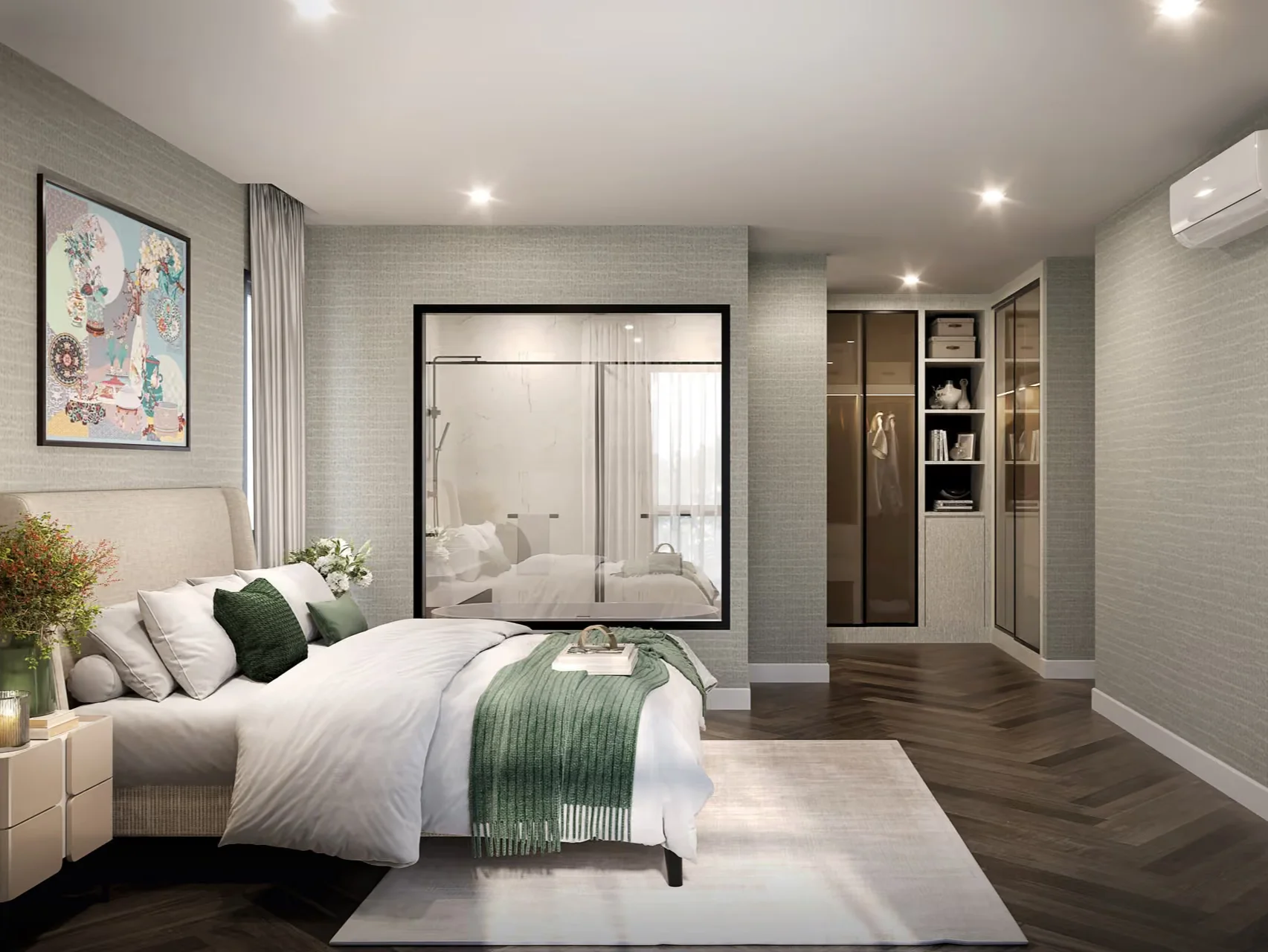 Master bedroom interior with ensuite bathroom in 3-bedroom apartment at The Title Heritage, Bang Tao