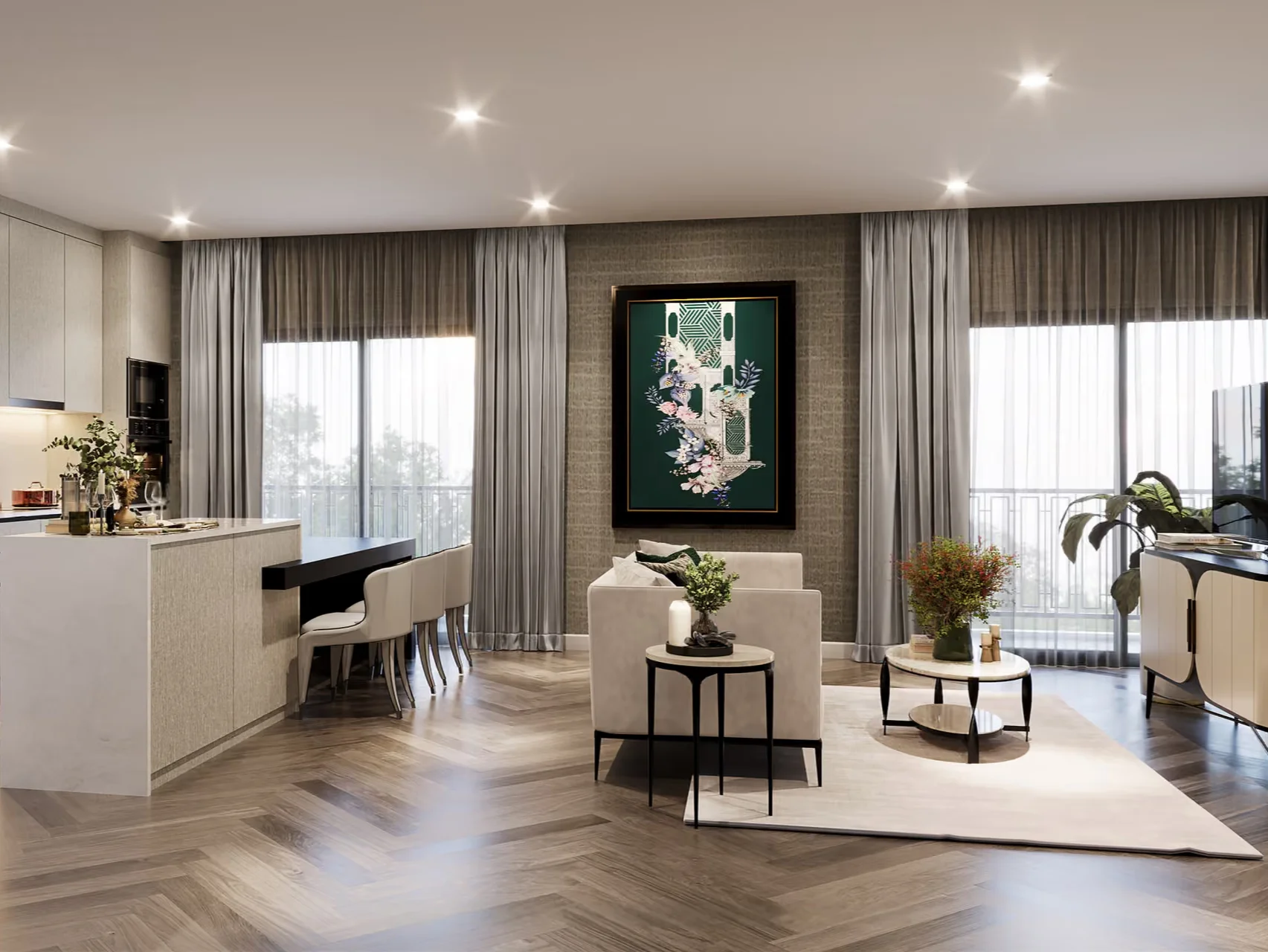 Living room and kitchen interior in a 3-bedroom apartment at The Title Heritage, Bang Tao