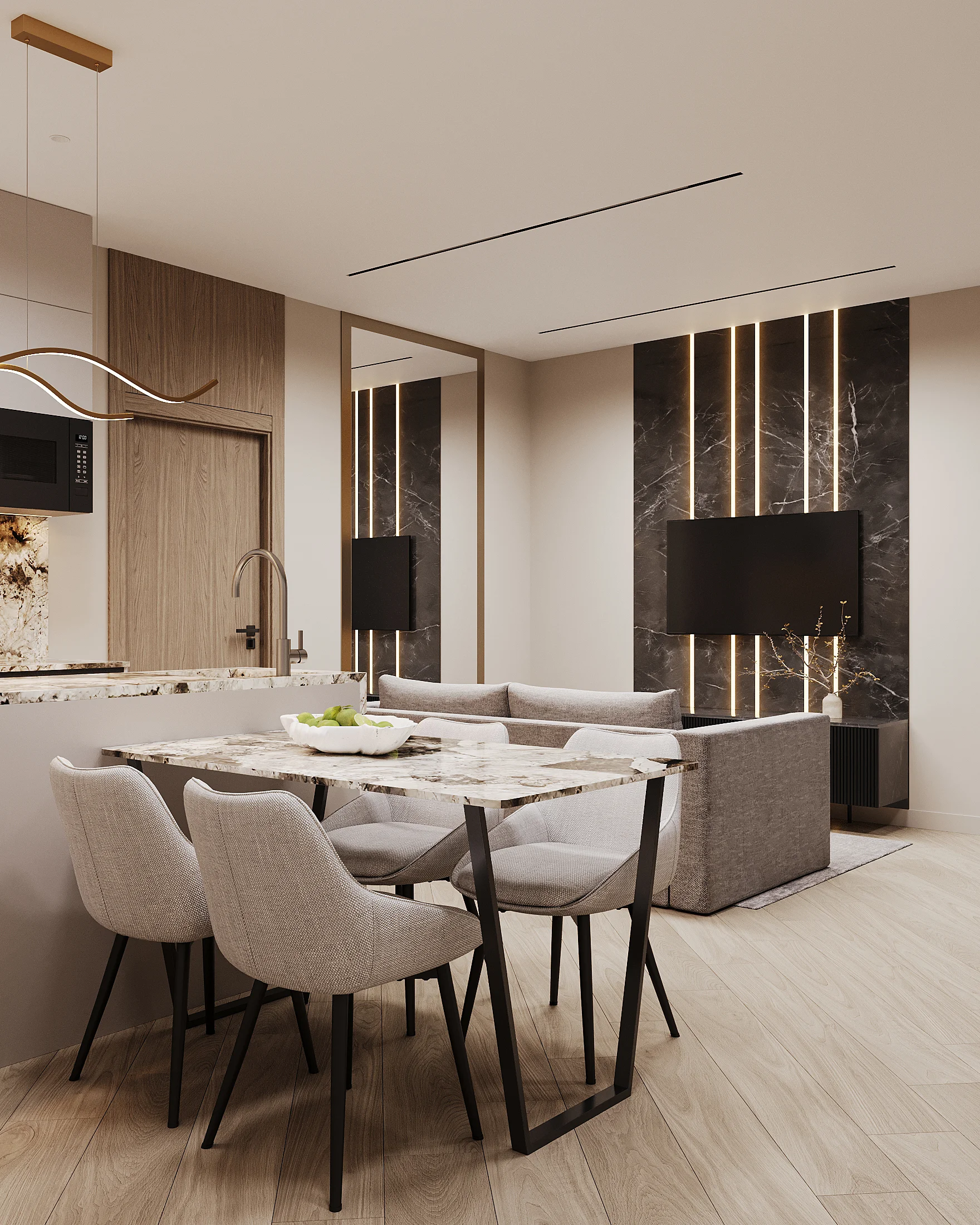 Open-plan kitchen and dining area interior in 3-bedroom apartment at SunHills Layan, Laya (1)