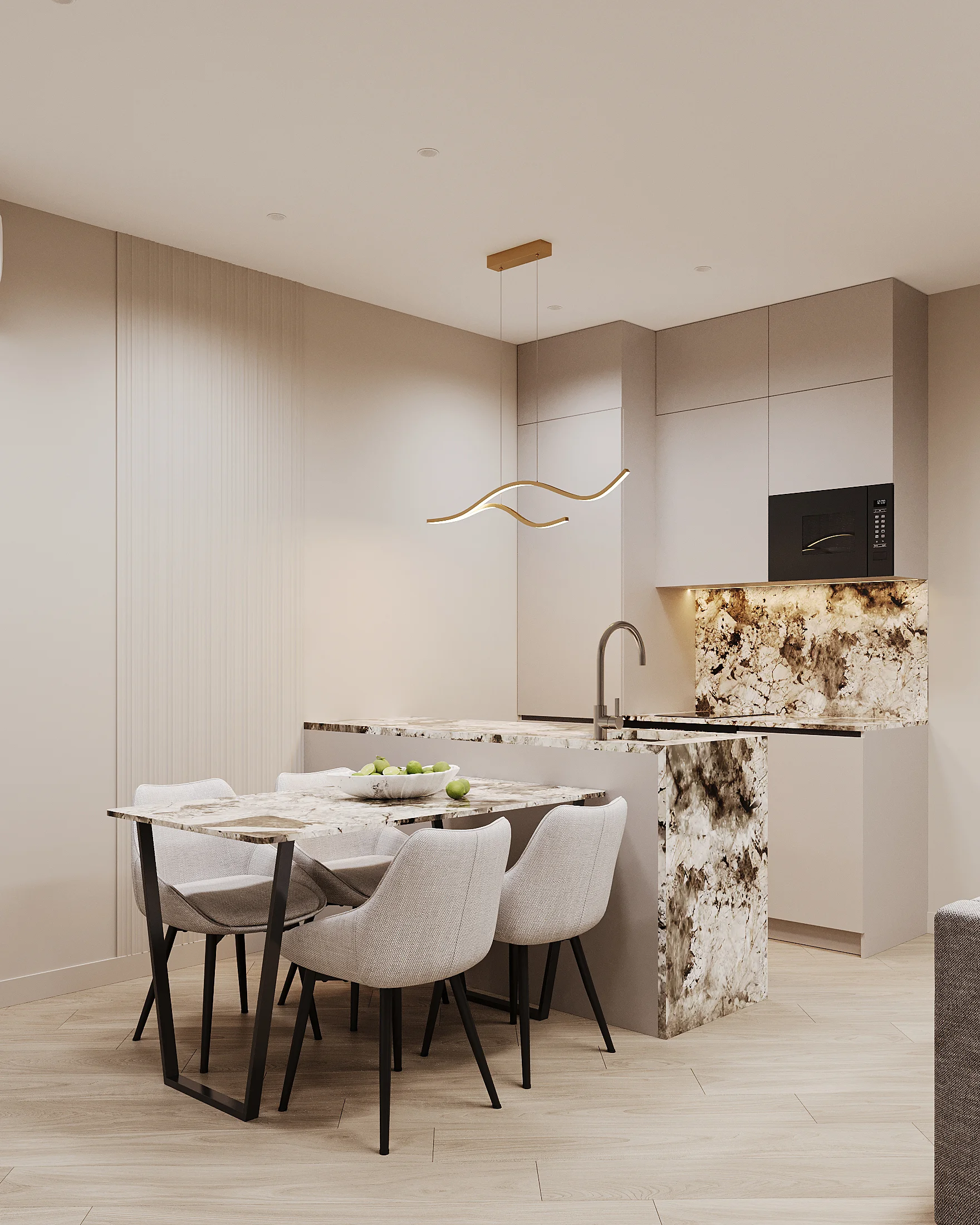 Open-plan kitchen and dining area interior in 3-bedroom apartment at SunHills Layan, Laya
