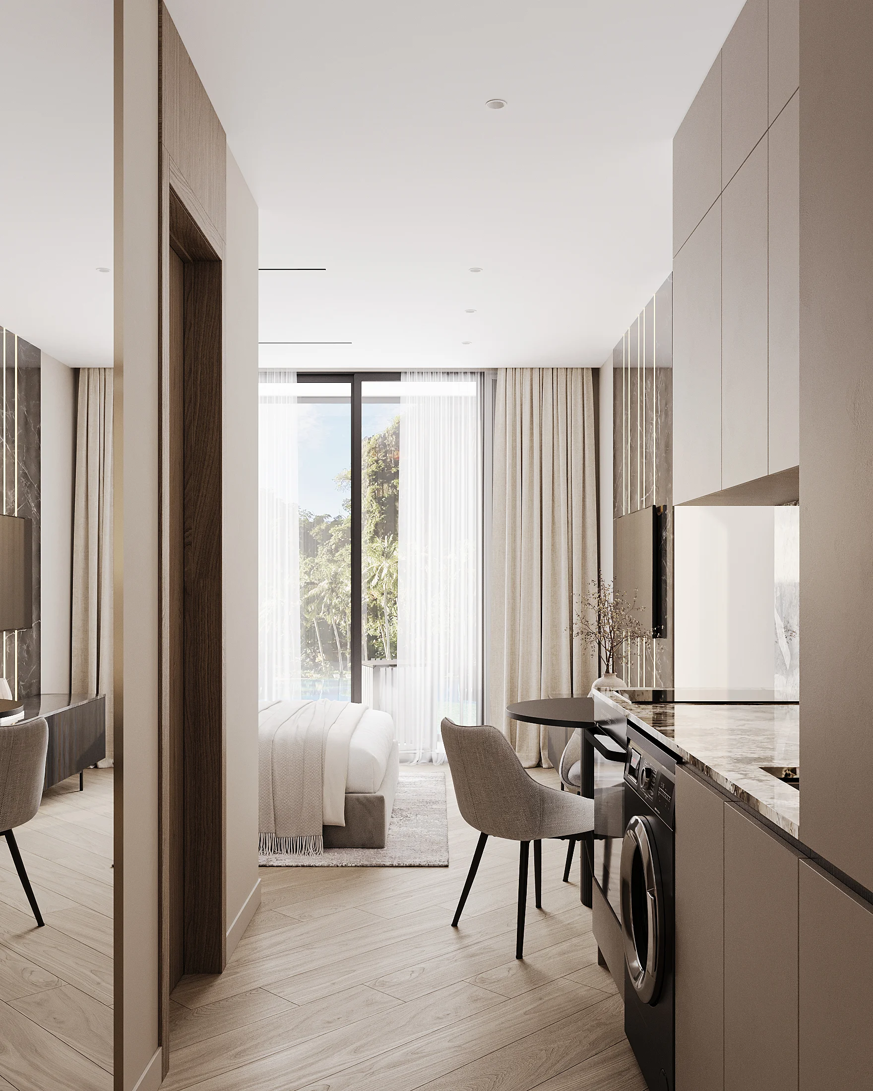Studio interior with kitchen and bedroom area at SunHills Layan, Thailand