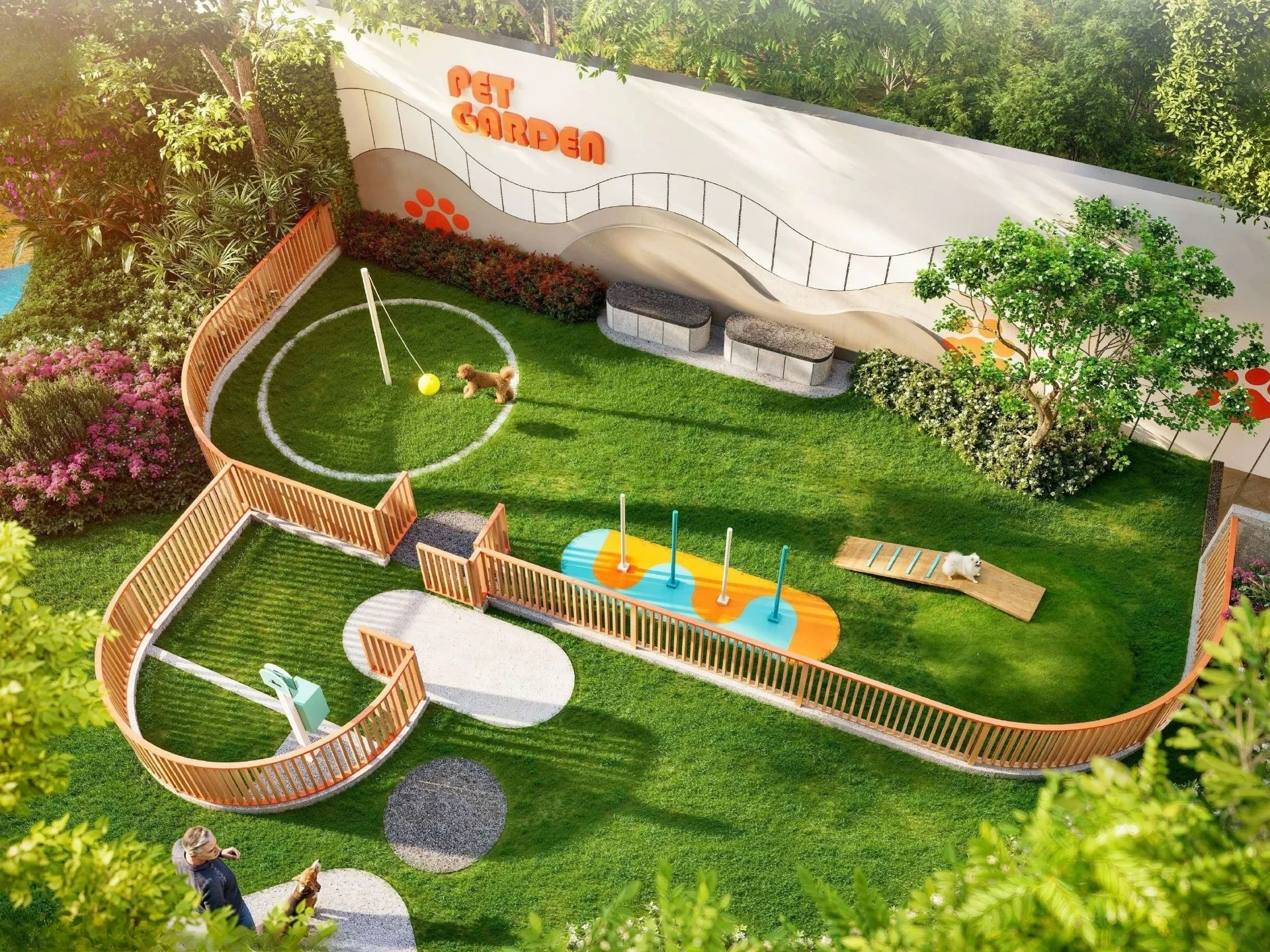 Pet garden with play areas and landscaping at The Title Fizz, Kata