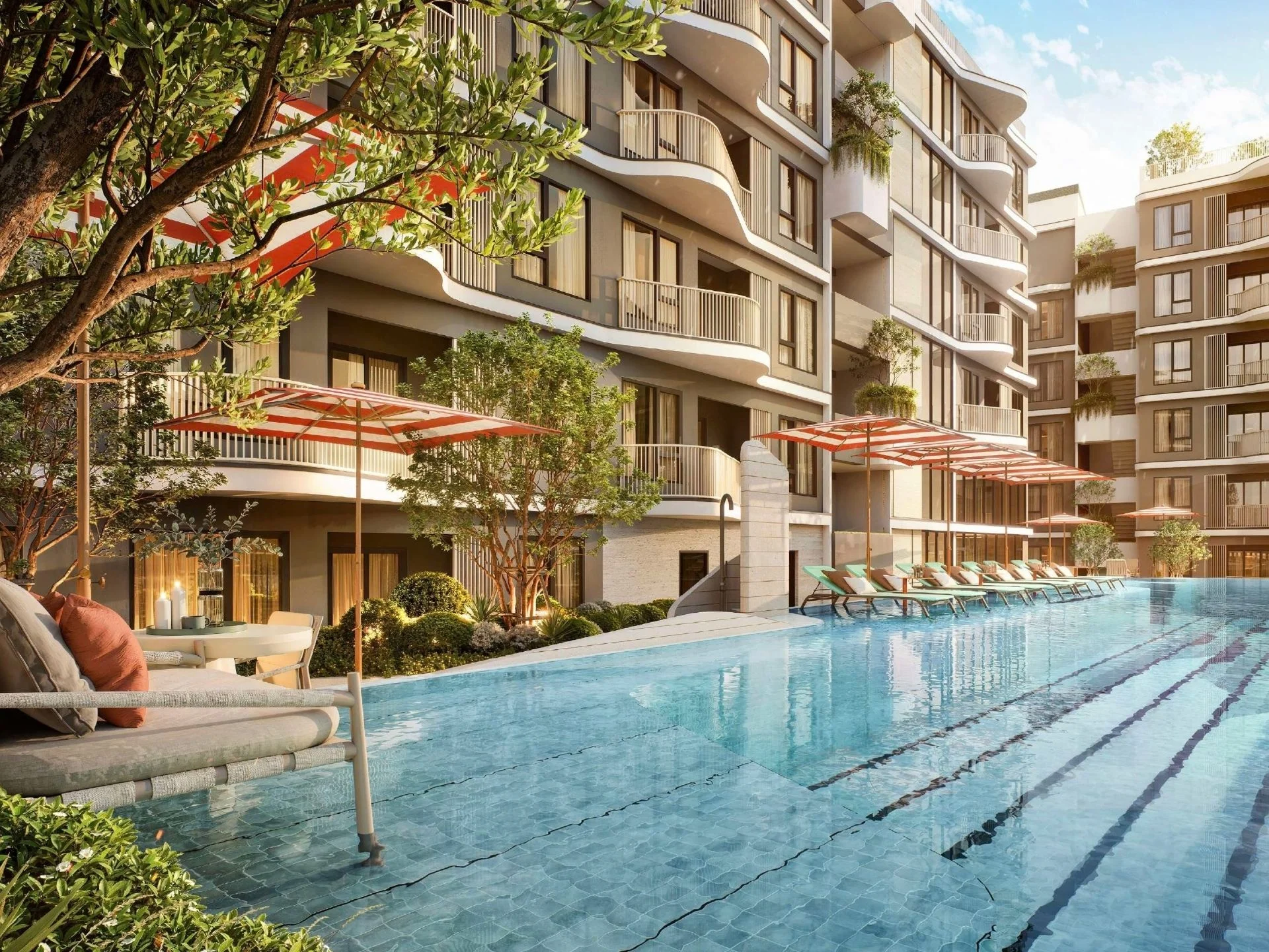 Swimming pool with lap lanes and lounging area at The Title Kuartz, Karo