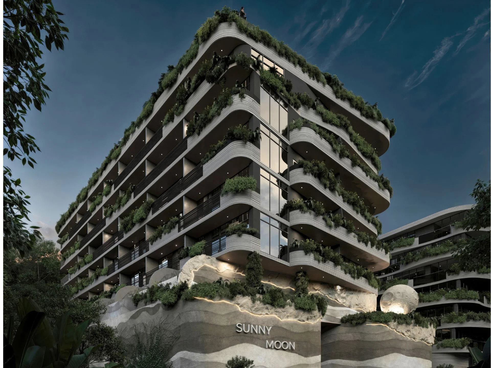 Architecture of Sunny Moon residence with green terraces, Nai Ha