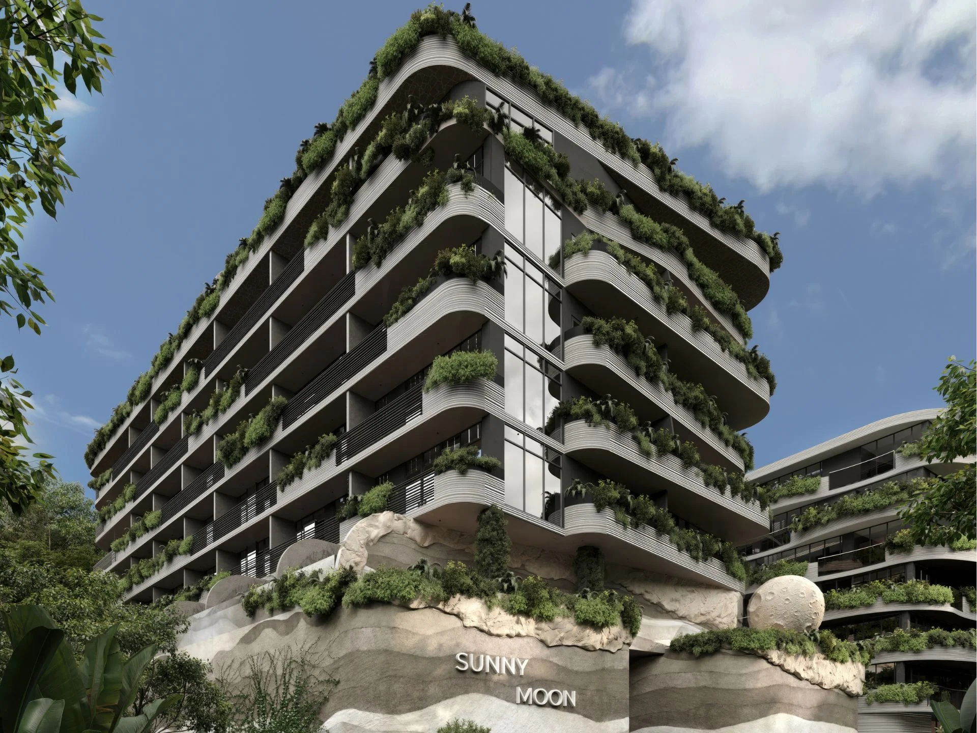 Architecture of Sunny Moon Building 3 with green facades, Thailand